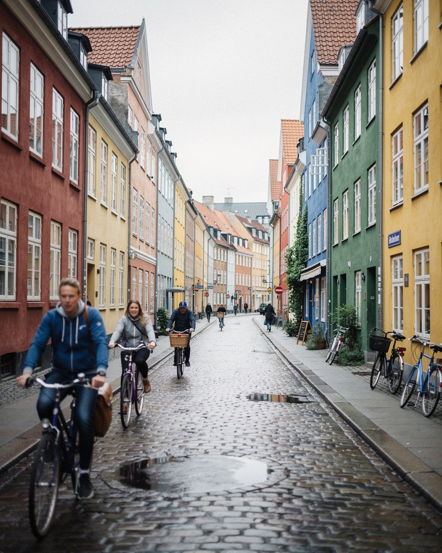 Documentary street photo of Copenhagen with cyclists and colourful houses