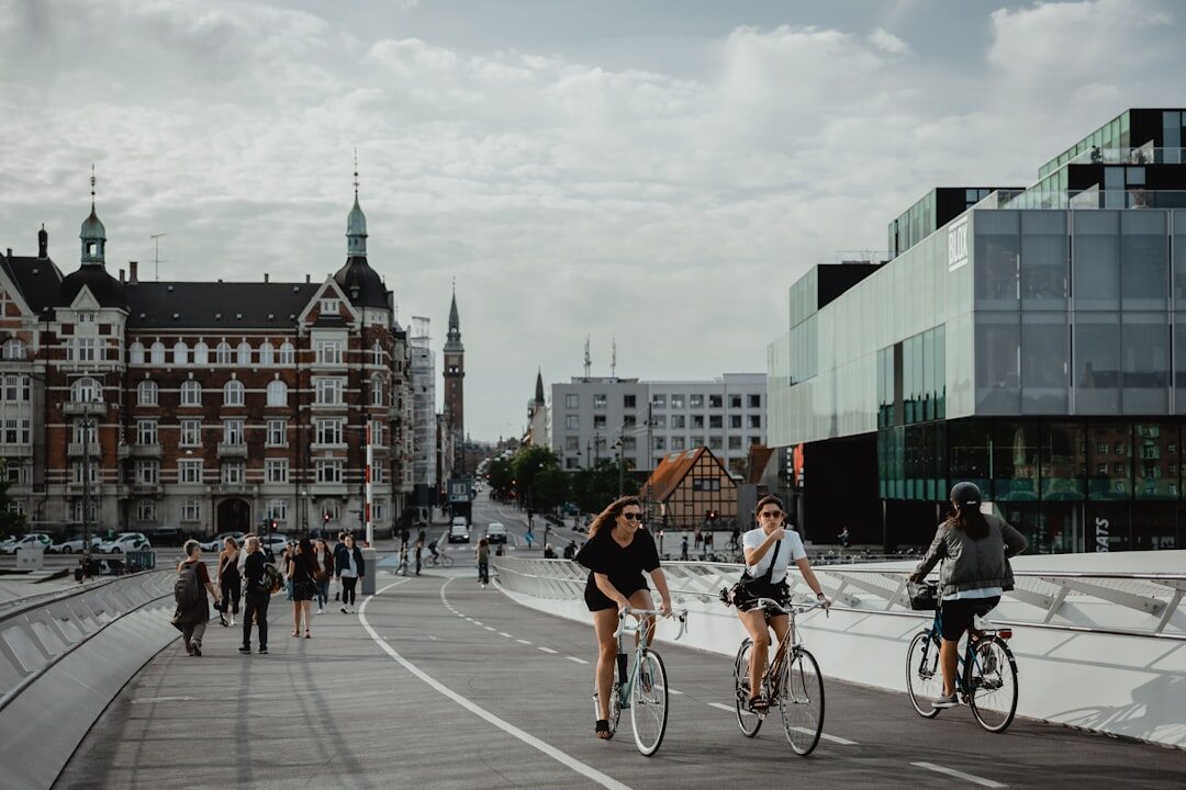 Cyclists crossing a bridge in central Copenhagen
