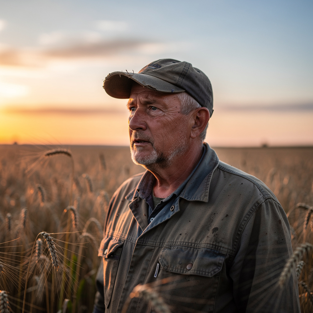 Danish farmer standing in a field at sunset