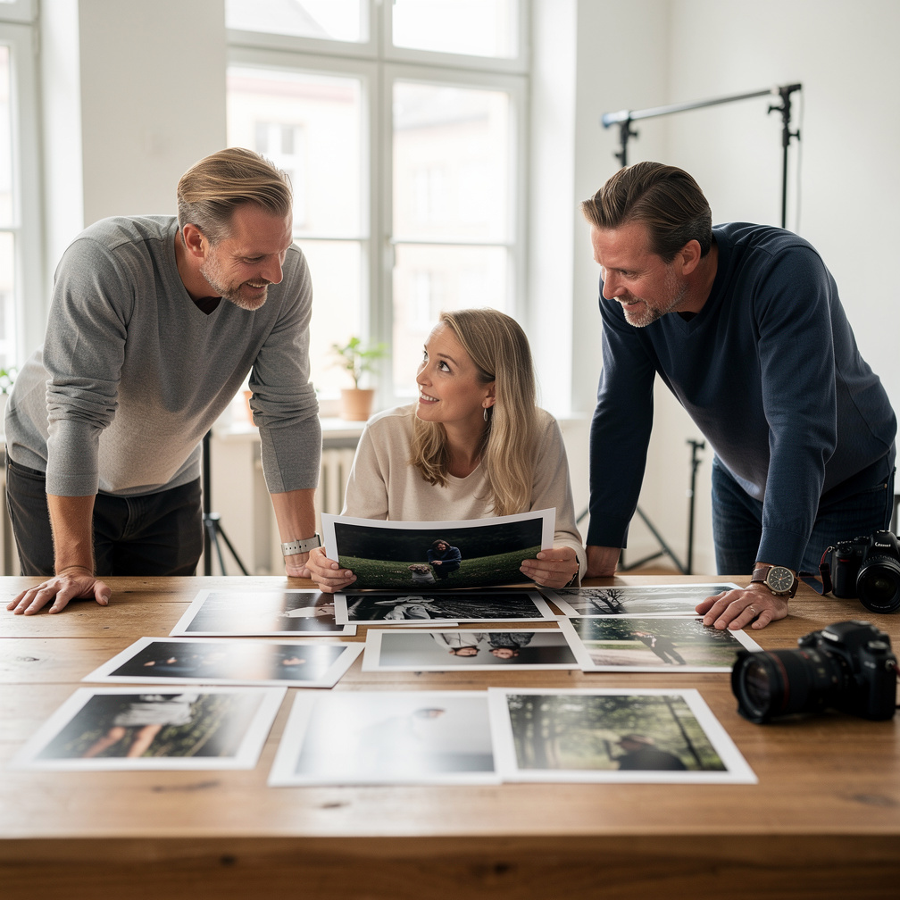 Small team of Danish photographers reviewing images in a studio